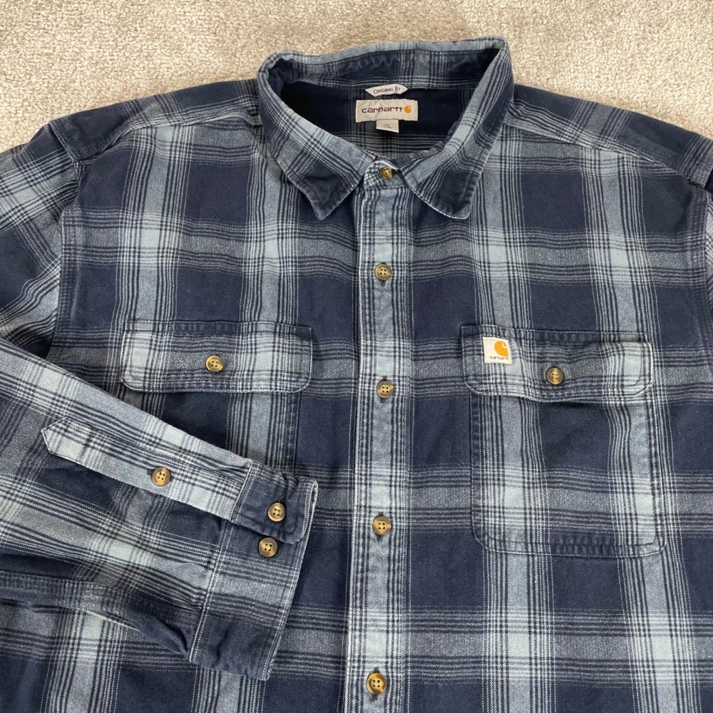 Carhartt Flannel Shirt Mens Extra Large Plaid Blue Cotton Original Fit Button Up